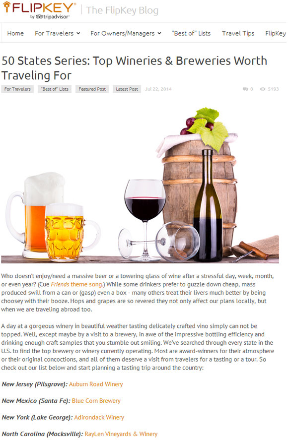 Adirondack Winery Named Top NY Winery to Visit by Trip Advisor Blog